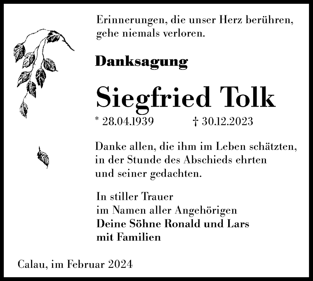  Traueranzeige für Siegfried Tolk vom 24.02.2024 aus Lausitzer Rundschau