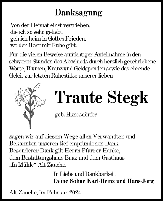 Traueranzeige von Traute Stegk von Lausitzer Rundschau