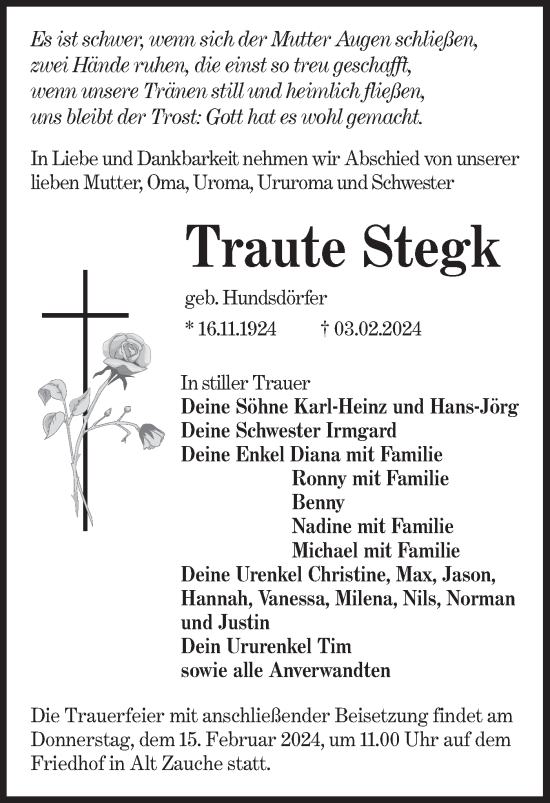 Traueranzeige von Traute Stegk von Lausitzer Rundschau