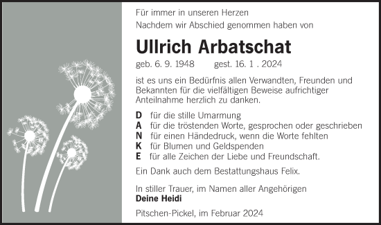 Traueranzeige von Ullrich Arbatschat von Lausitzer Rundschau