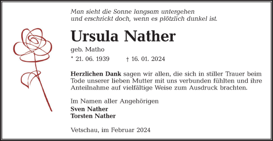 Traueranzeige von Ursula Nather von Lausitzer Rundschau