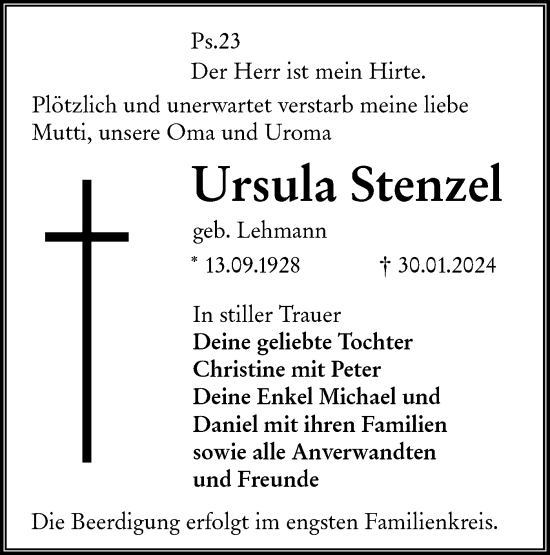 Traueranzeige von Ursula Stenzel von Lausitzer Rundschau