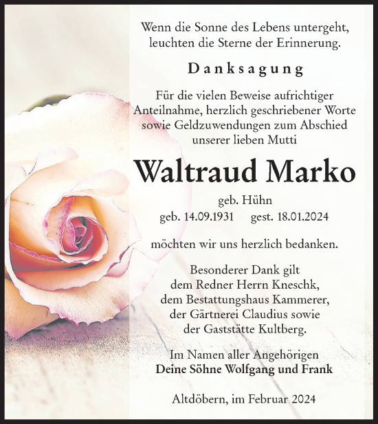 Traueranzeige von Waltraud Marko von Lausitzer Rundschau