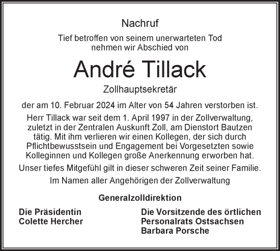 Traueranzeige von Andre Tillack von Lausitzer Rundschau