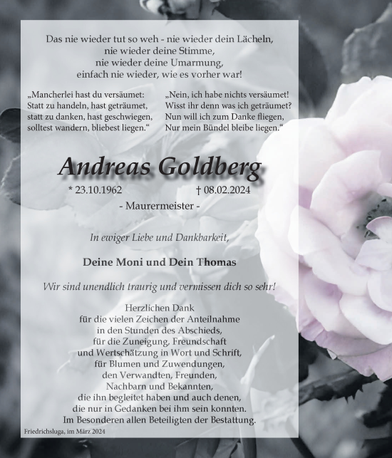 Traueranzeige von Andreas Goldberg von Lausitzer Rundschau