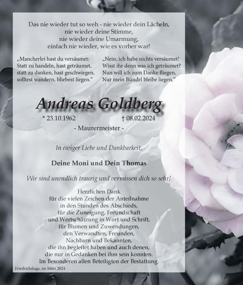  Traueranzeige für Andreas Goldberg vom 30.03.2024 aus Lausitzer Rundschau