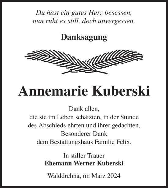 Traueranzeige von Annemarie Kuberski von Lausitzer Rundschau