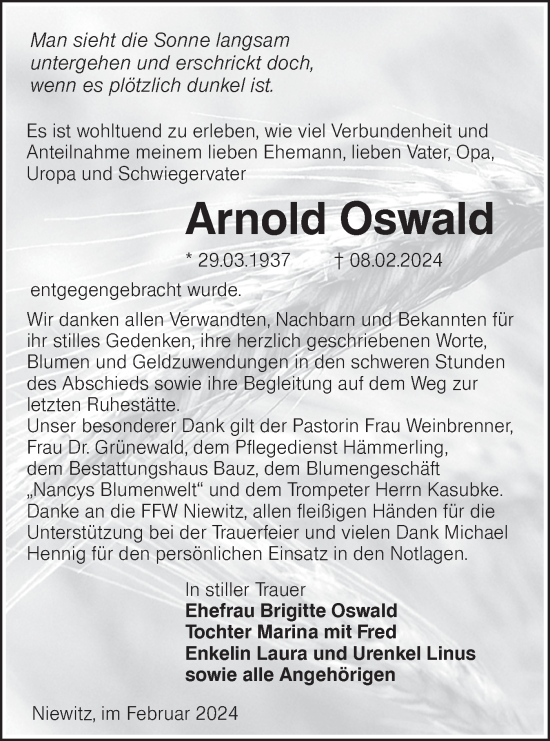 Traueranzeige von Arnold Oswald von Lausitzer Rundschau