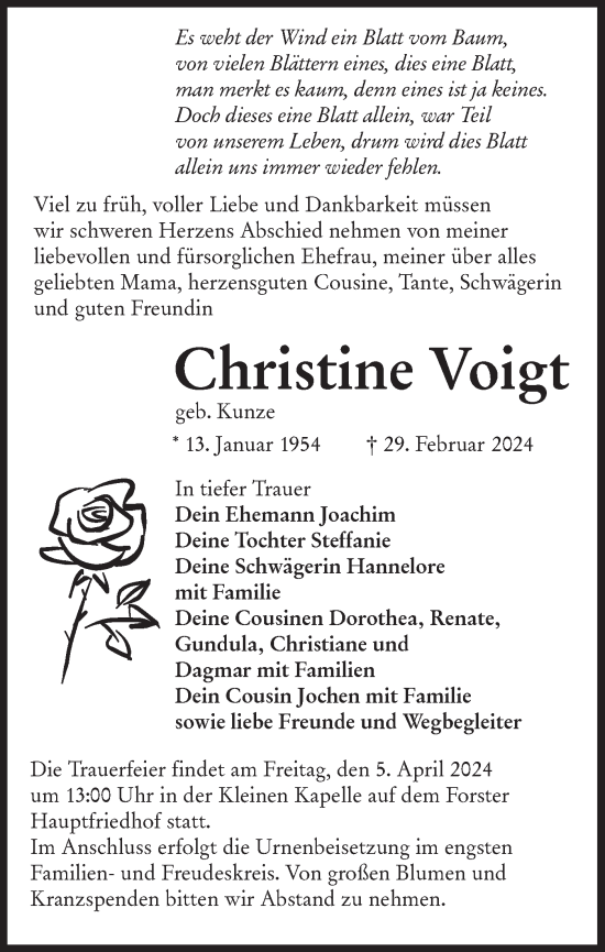 Traueranzeige von Christine Voigt von Lausitzer Rundschau