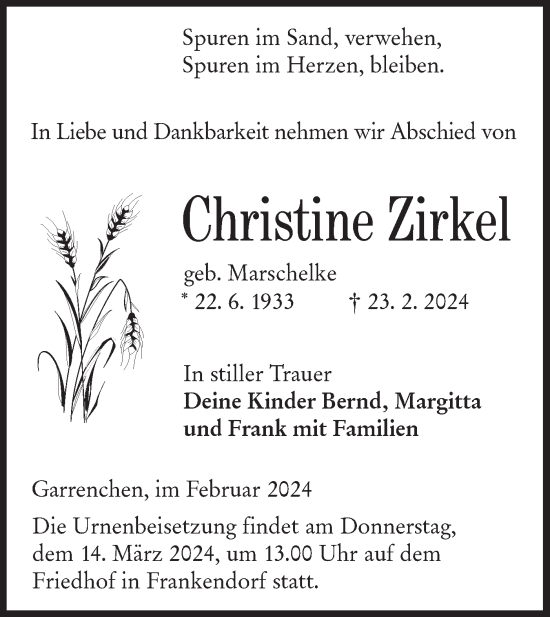 Traueranzeige von Christine Zirkel von Lausitzer Rundschau
