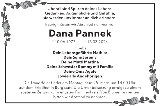 Traueranzeige von Dana Pannek von Lausitzer Rundschau