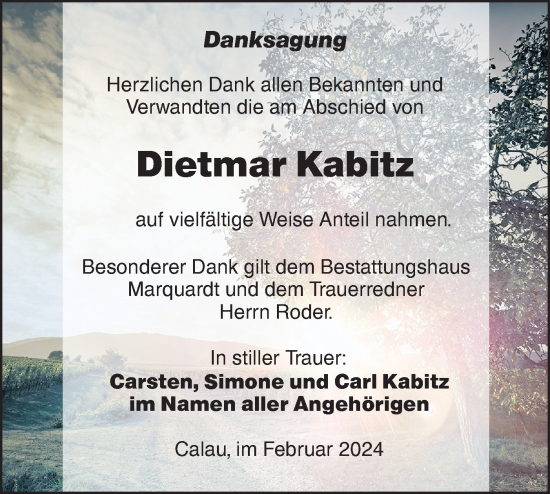 Traueranzeige von Dietmar Kabitz von Lausitzer Rundschau