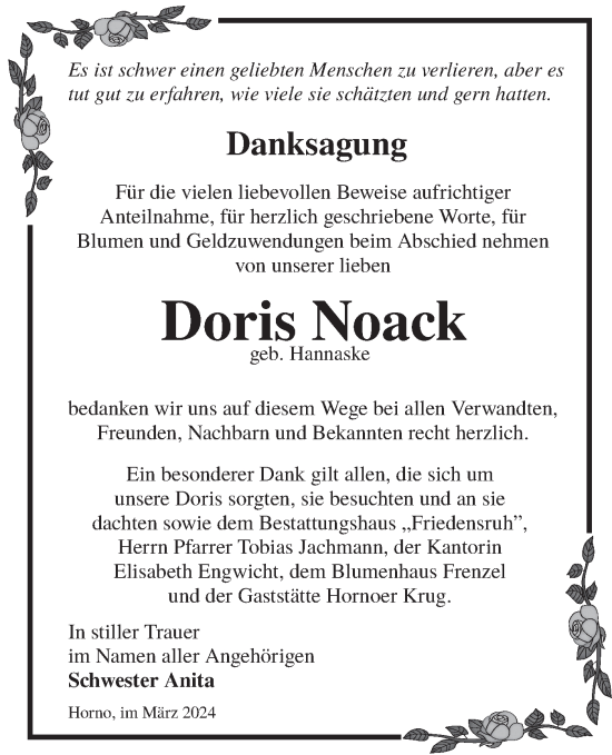 Traueranzeige von Doris Noack von Lausitzer Rundschau