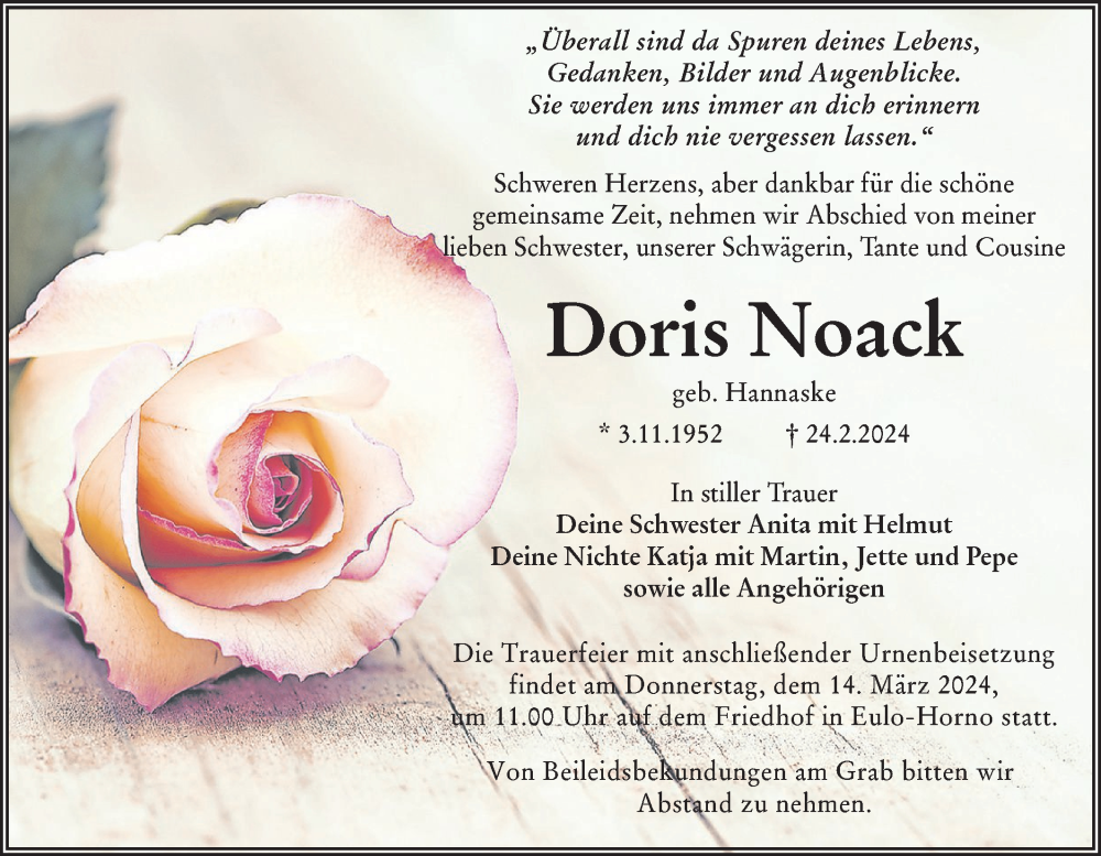 Traueranzeige für Doris Noack vom 09.03.2024 aus Lausitzer Rundschau