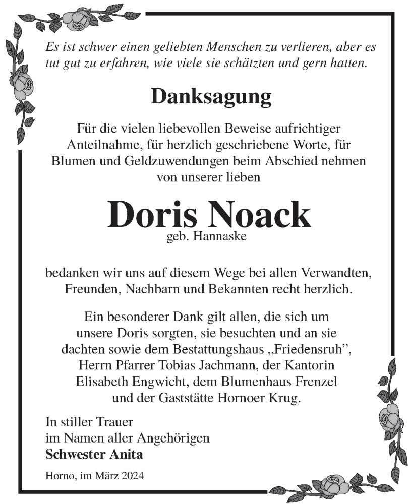  Traueranzeige für Doris Noack vom 30.03.2024 aus Lausitzer Rundschau