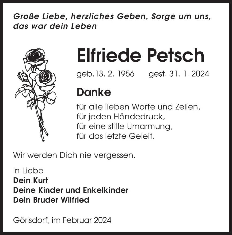  Traueranzeige für Elfriede Petsch vom 02.03.2024 aus Lausitzer Rundschau