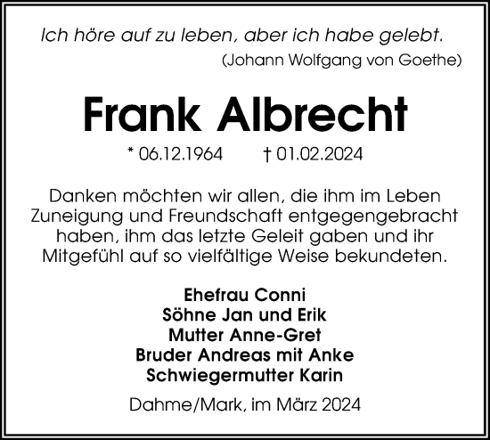 Traueranzeige von Frank Albrecht von Lausitzer Rundschau