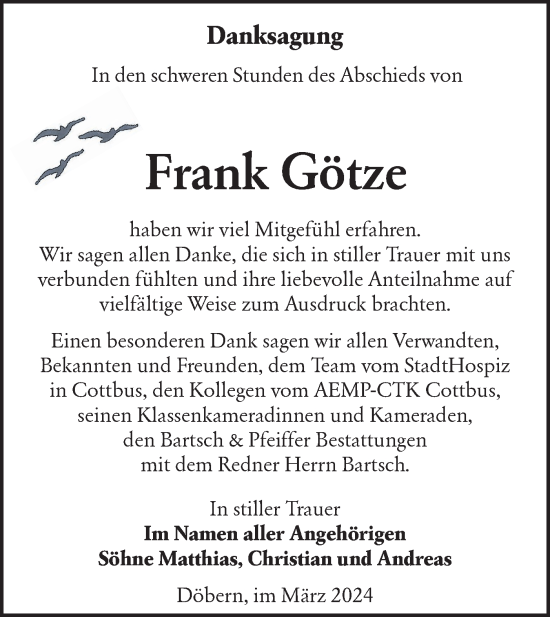 Traueranzeige von Frank Götze von Lausitzer Rundschau