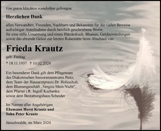 Traueranzeige von Frieda Krautz von Lausitzer Rundschau
