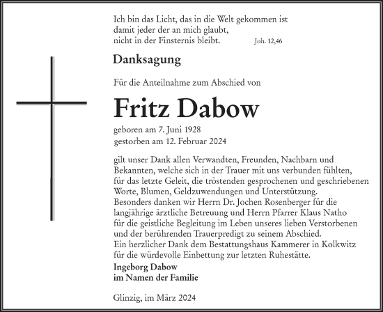 Traueranzeige von Fritz Dabow von Lausitzer Rundschau