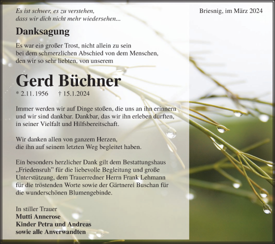 Traueranzeige von Gerd Büchner von Lausitzer Rundschau