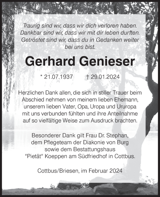 Traueranzeige von Gerhard Genieser von Lausitzer Rundschau