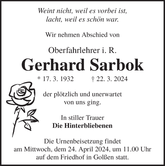 Traueranzeige von Gerhard Sarbok von Lausitzer Rundschau
