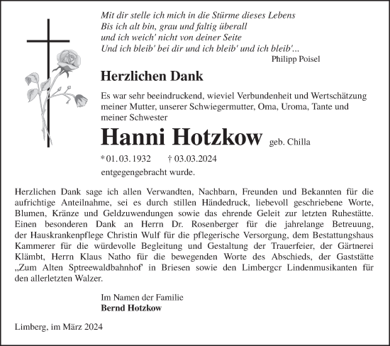 Traueranzeige von Hanni Hotzkow von Lausitzer Rundschau