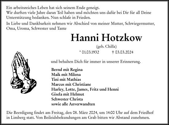 Traueranzeige von Hanni Hotzkow von Lausitzer Rundschau