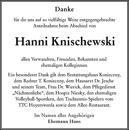 Traueranzeige von Hanni Knischewski von Lausitzer Rundschau