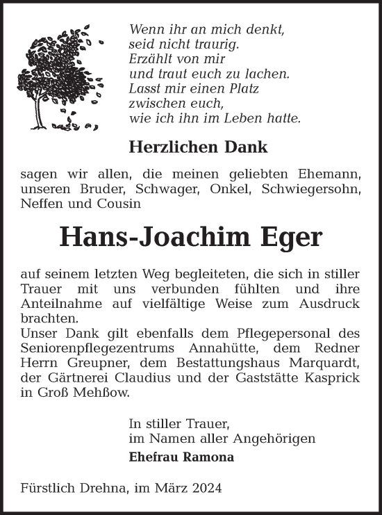 Traueranzeige von Hans-Joachim Eger von Lausitzer Rundschau