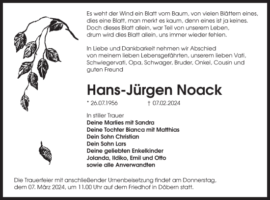 Traueranzeige von Hans-Jürgen Noack von Lausitzer Rundschau