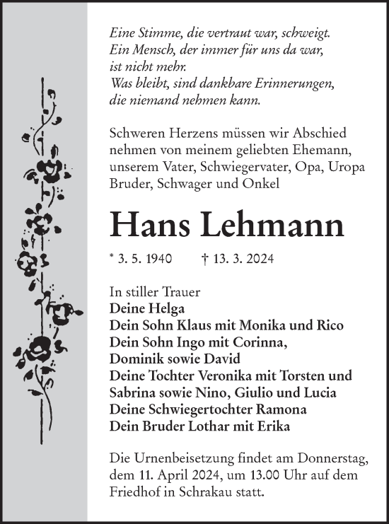 Traueranzeige von Hans Lehmann von Lausitzer Rundschau