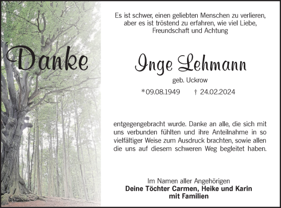Traueranzeige von Inge Lehmann von Lausitzer Rundschau