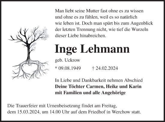 Traueranzeige von Inge Lehmann von Lausitzer Rundschau