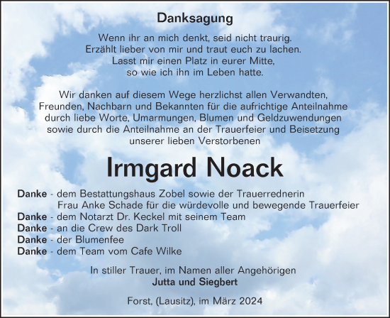 Traueranzeige von Irmgard Noack von Lausitzer Rundschau