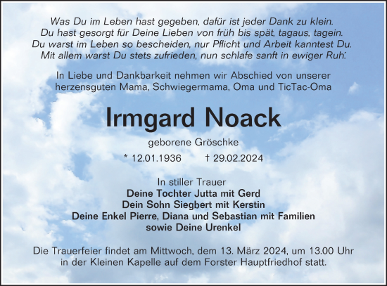 Traueranzeige von Irmgard Noack von Lausitzer Rundschau