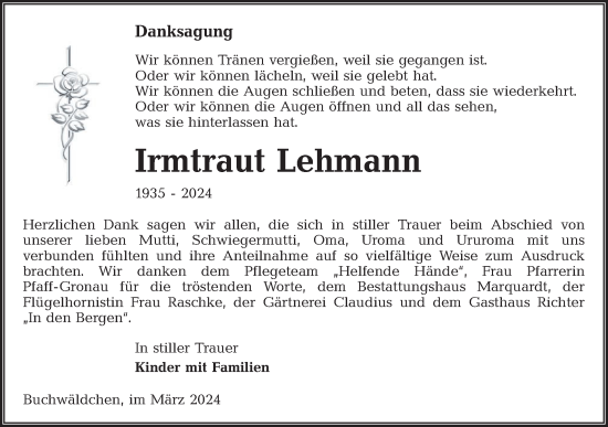 Traueranzeige von Irmtaut Lehmann von Lausitzer Rundschau