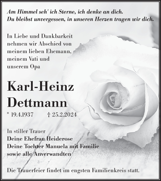 Traueranzeige von Karl-Heinz Dettmann von Lausitzer Rundschau