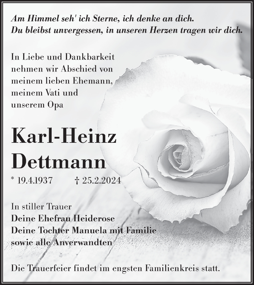  Traueranzeige für Karl-Heinz Dettmann vom 09.03.2024 aus Lausitzer Rundschau