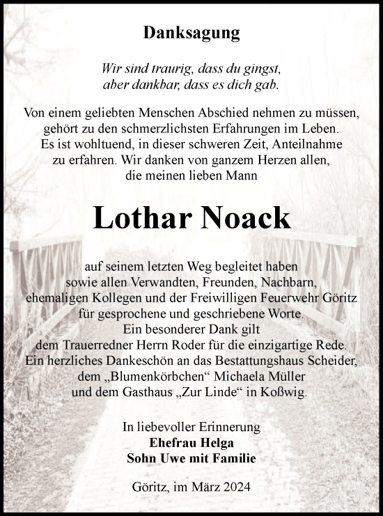 Traueranzeige von Lothar Noack von Lausitzer Rundschau
