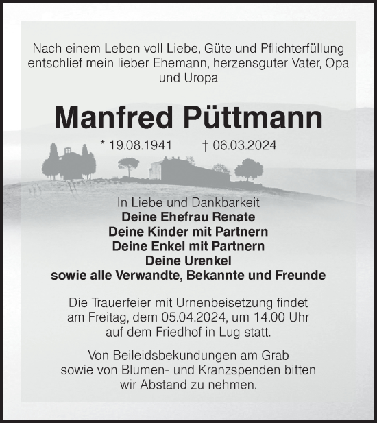 Traueranzeige von Manfred Püttmann von Lausitzer Rundschau