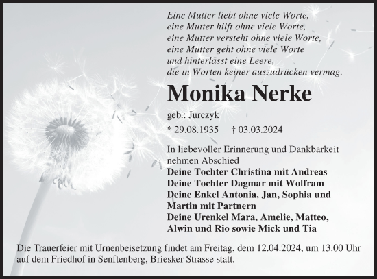 Traueranzeige von Monika Nerke von Lausitzer Rundschau