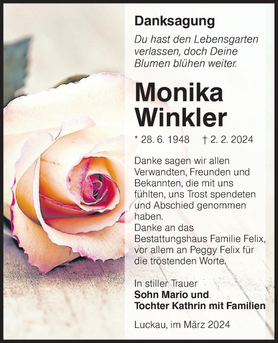 Traueranzeige von Monika Winkler von Lausitzer Rundschau