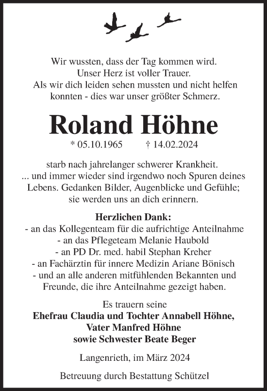 Traueranzeige von Roland Höhne von Lausitzer Rundschau