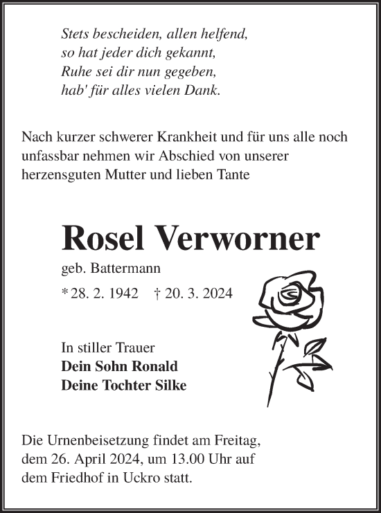 Traueranzeige von Rosel Verworner von Lausitzer Rundschau