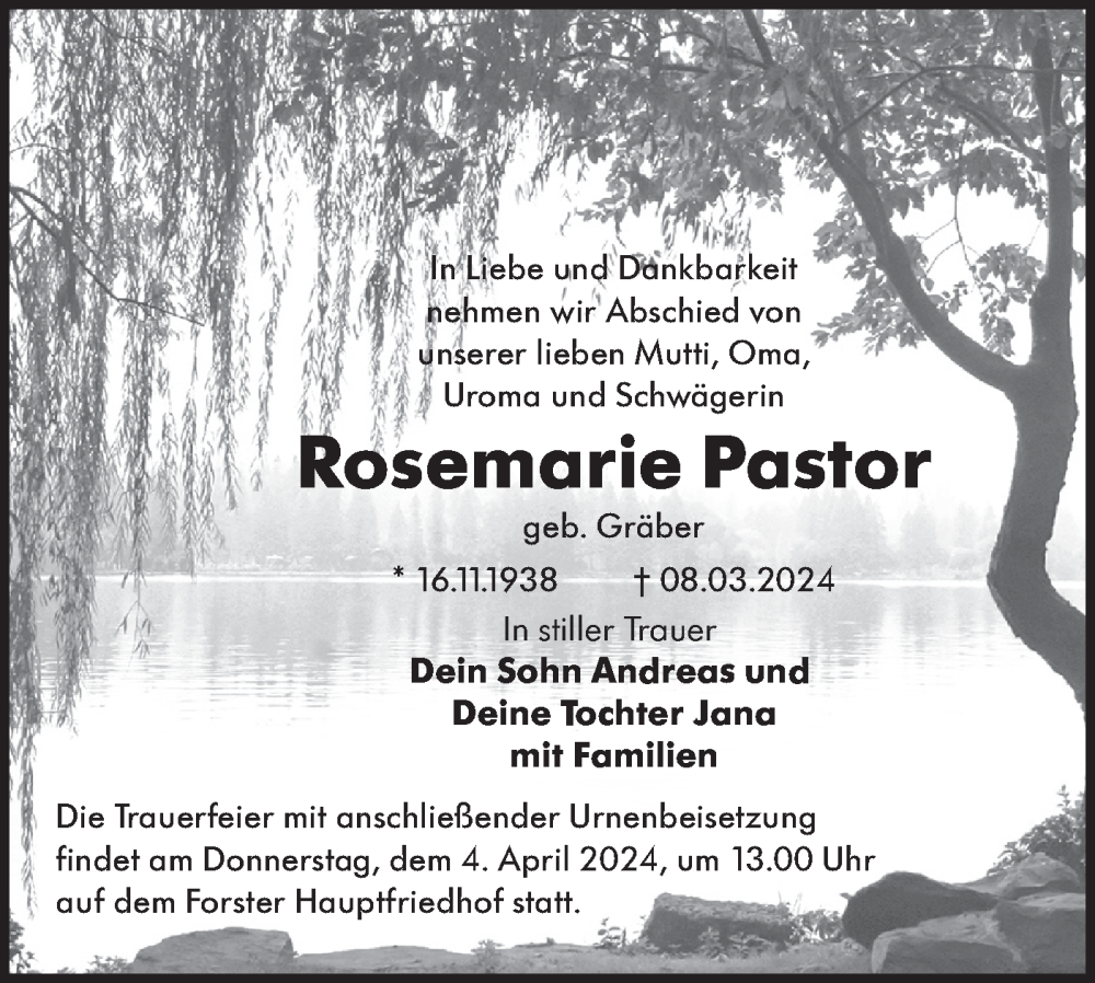  Traueranzeige für Rosemarie Pastor vom 30.03.2024 aus Lausitzer Rundschau