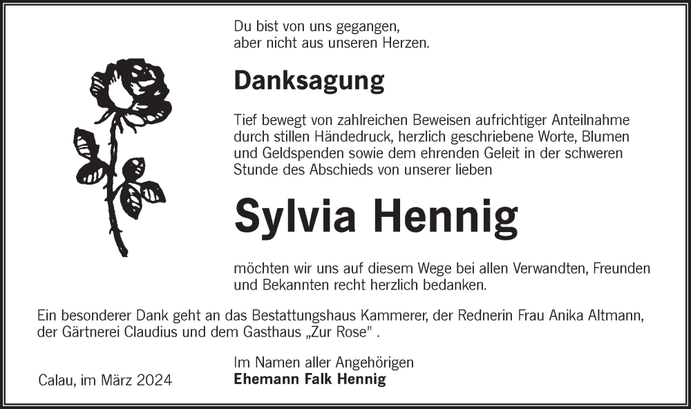  Traueranzeige für Sylvia Hennig vom 16.03.2024 aus Lausitzer Rundschau
