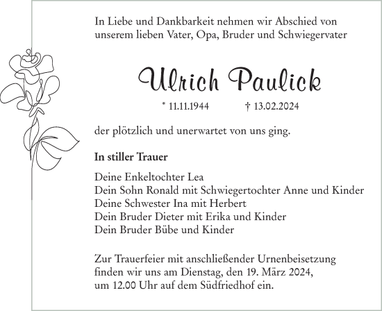 Traueranzeige von Ulrich Paulick von Lausitzer Rundschau
