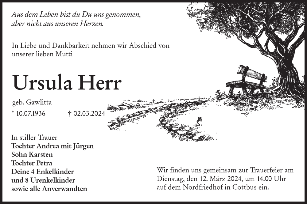  Traueranzeige für Ursula Herr vom 09.03.2024 aus Lausitzer Rundschau